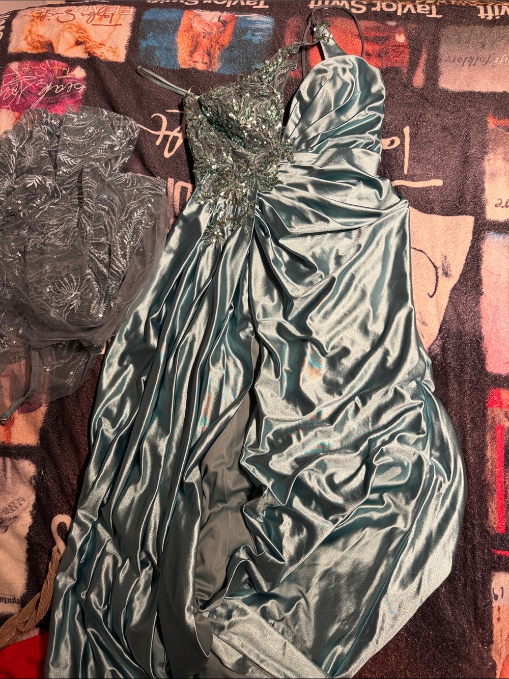 One-Shoulder Teal Satin Evening Gown with Beaded Bodice and an Added Train